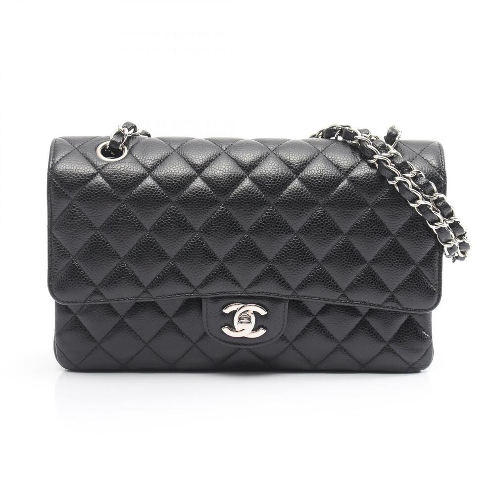 Chanel Matelasse Double Flap Shoulder Bag Caviar Leather Grained Calfskin Black